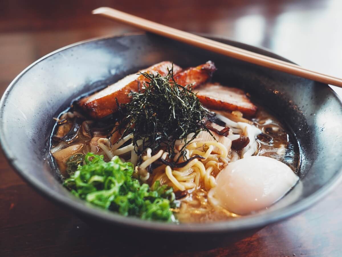 Tonkotsu ramen with chashu pork belly, ajitama egg, menma and nori