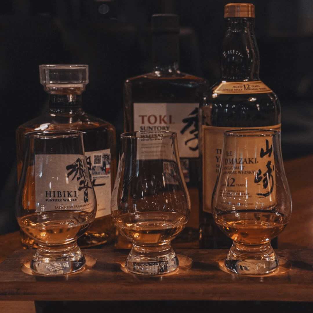 Japanese whisky flight — Hibiki, Suntory Toki and Yamazaki 12 Year in tasting glasses