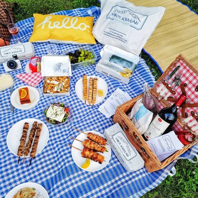 Outdoor souvlaki picnic spread