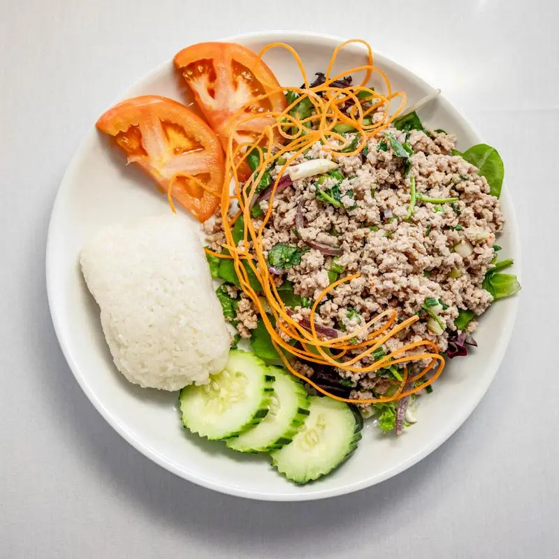 Ground pork larb salad with sticky rice
