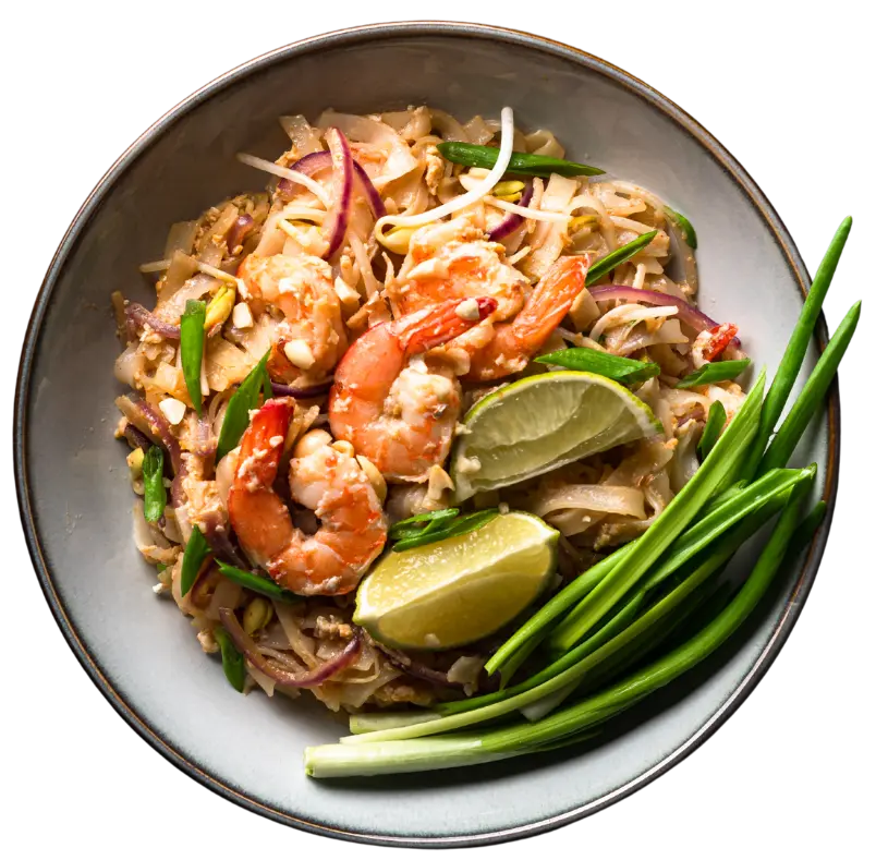Pad Thai with shrimp, lime and scallions
